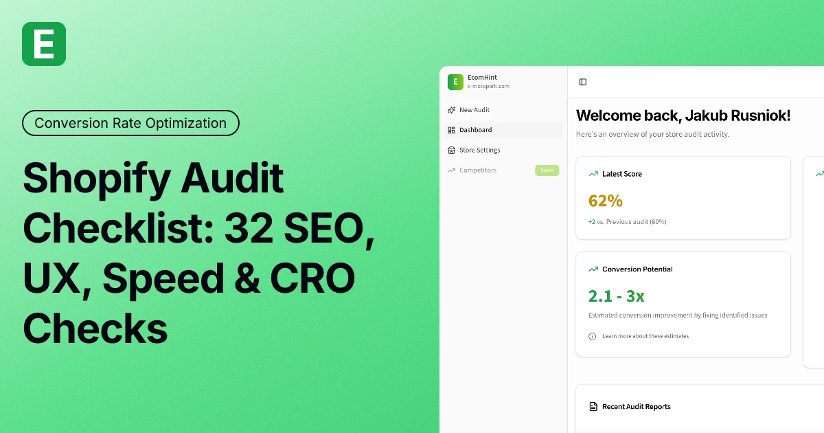 Shopify audit checklist covering SEO, UX, speed, trust, and CRO