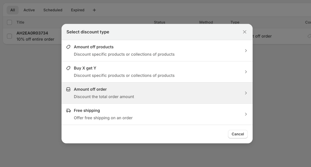 Shopify discount type selection screen